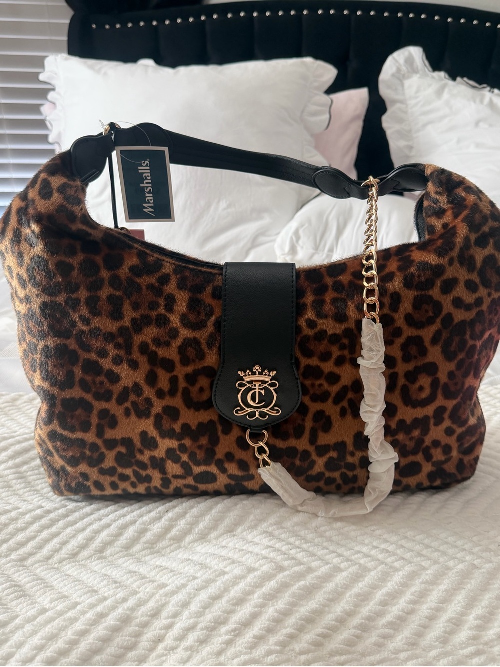 Juicy Couture Leopard Print Hobo Bag with Black Strap and Gold Hardware